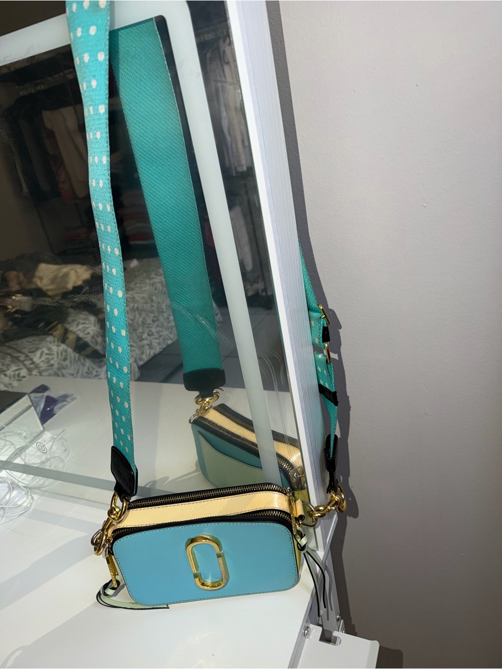 Marc Jacobs Teal and Cream Double-Zip Camera Crossbody with Gold Hardware